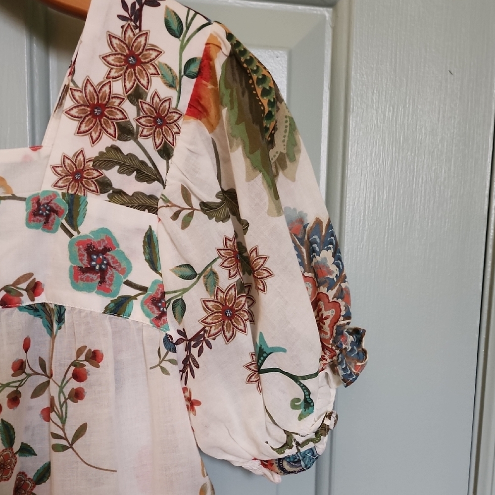 Johnny Was Cream Floral Square-Neck Puff Sleeve Tunic - Picture 3 of 4